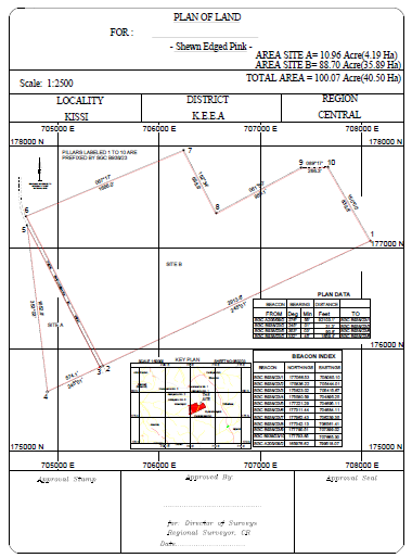 Sample cadastral site plan prepared for Lands Commission submission